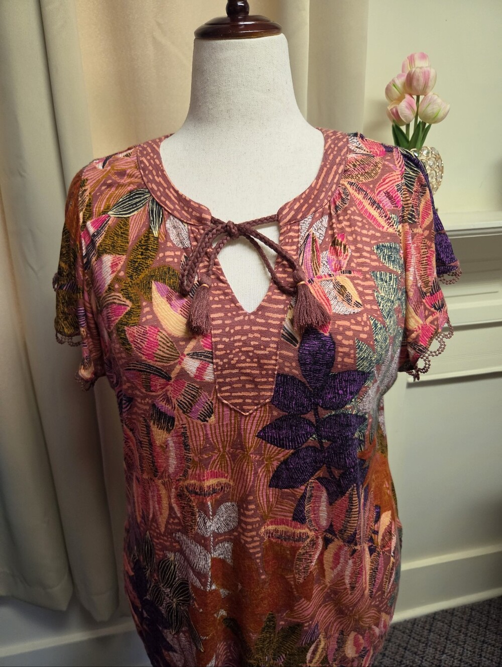 Democracy Pink Multi Floral Leaf Pattern Tie-Front Short Sleeve Tunic Size 1X